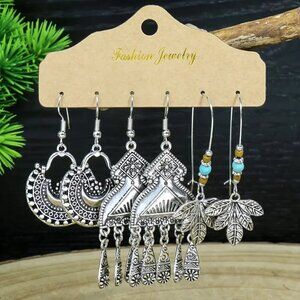 NEW Set of 3 Boho Western Silver Dangle Earrings – Trendy Earrings, Turquoise